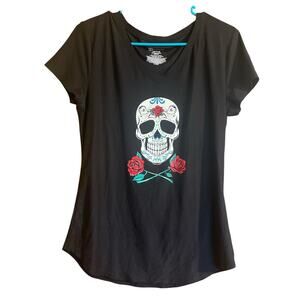 Women's No boundaries Black Rose Sugar Skull Goth Halloween T Shirt Large